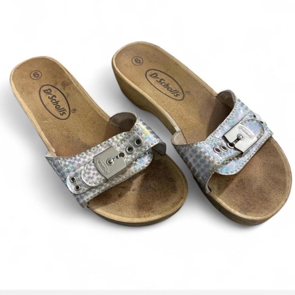 Dr. Scholl's Holographic Silver Buckle Slide Sandals
